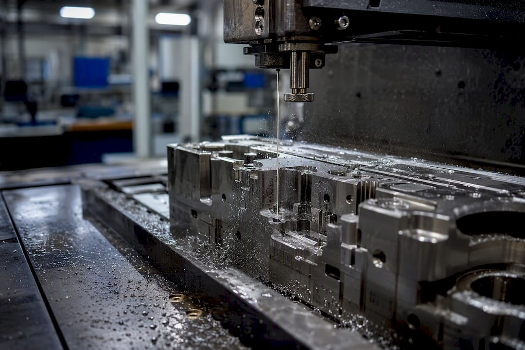 Wire EDM machine cutting metal part