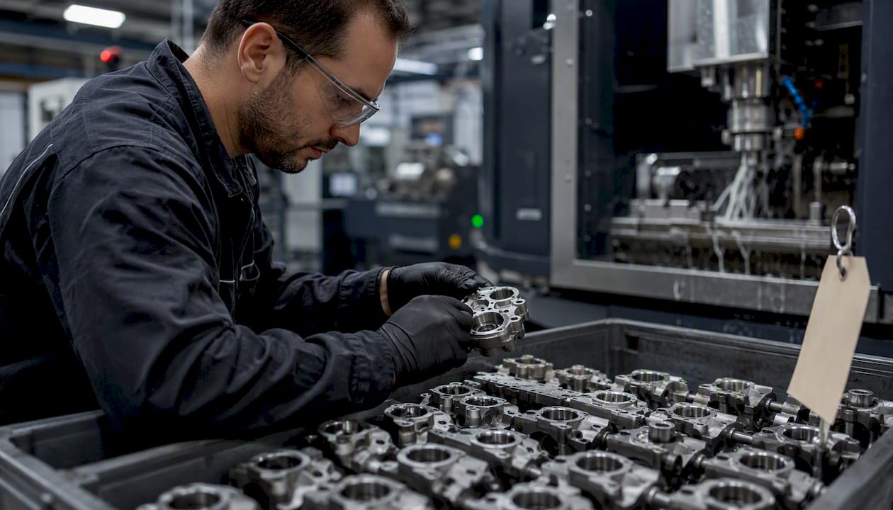 Gloved hands inspecting batch of valve bodies