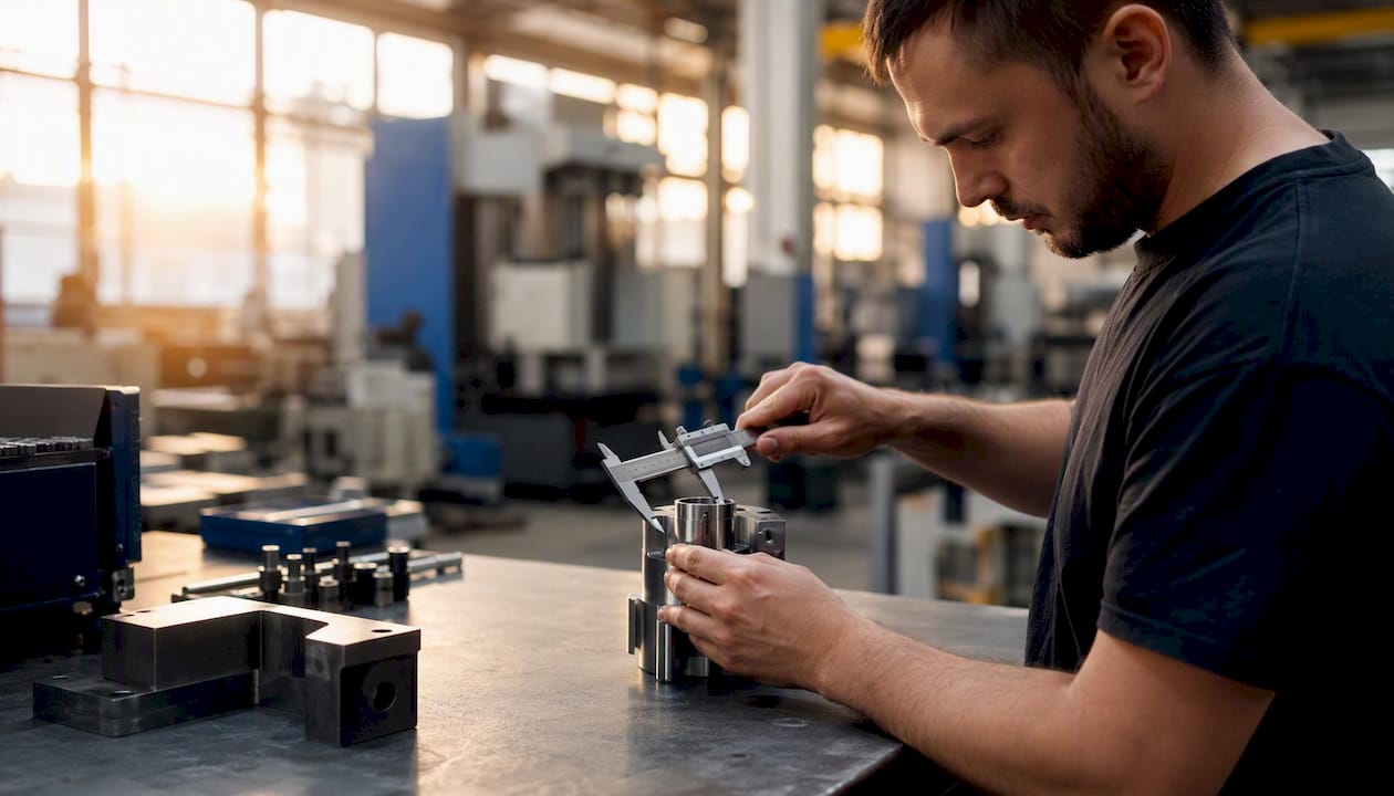 Hands Measuring Metal Part In Machining QA Hands measuring metal part in machining QA