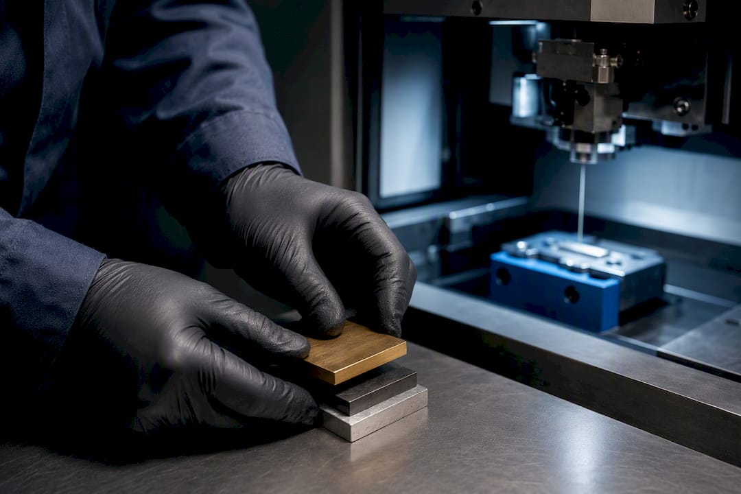 Conductive metal coupons prepared for wire EDM
