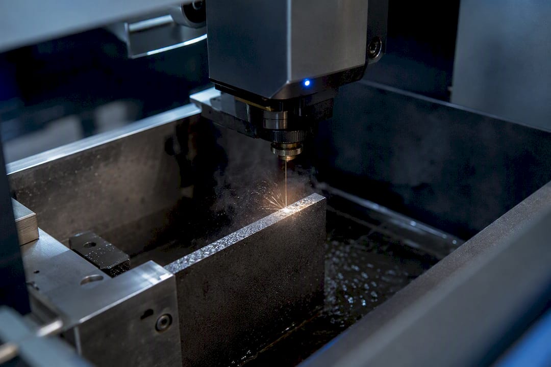 Wire EDM Cutting A Precision Metal Workpiece Wire EDM cutting a precision metal workpiece