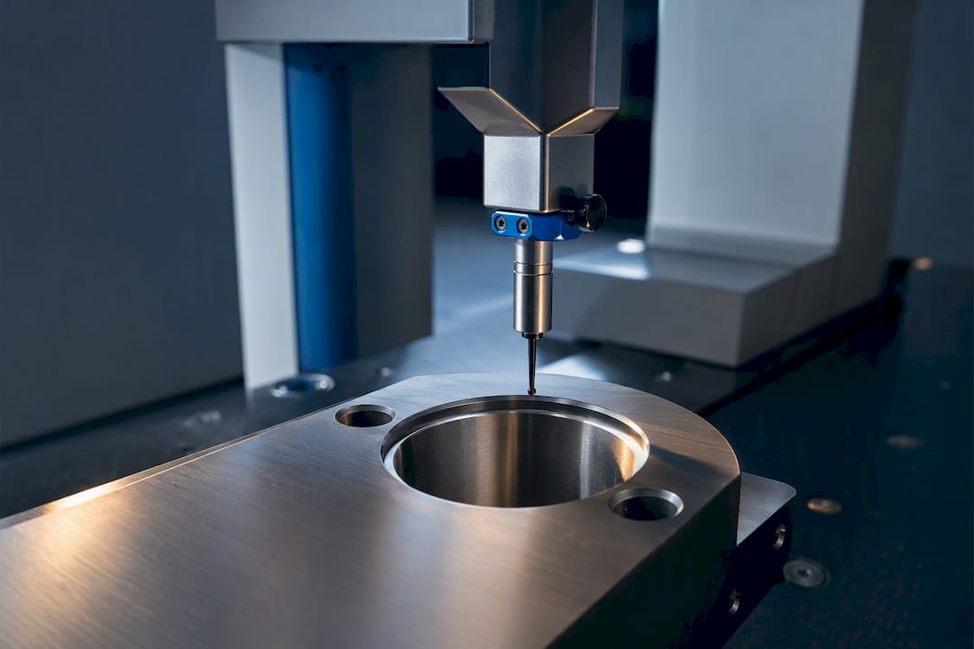 CMM probe inspecting machined hole position