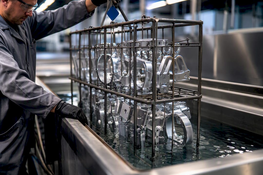 Technician Loading Machined Aluminum Parts For Anodizing Technician loading machined aluminum parts for anodizing