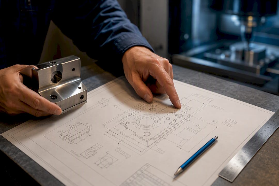 Engineer reviewing technical drawing beside machined component
