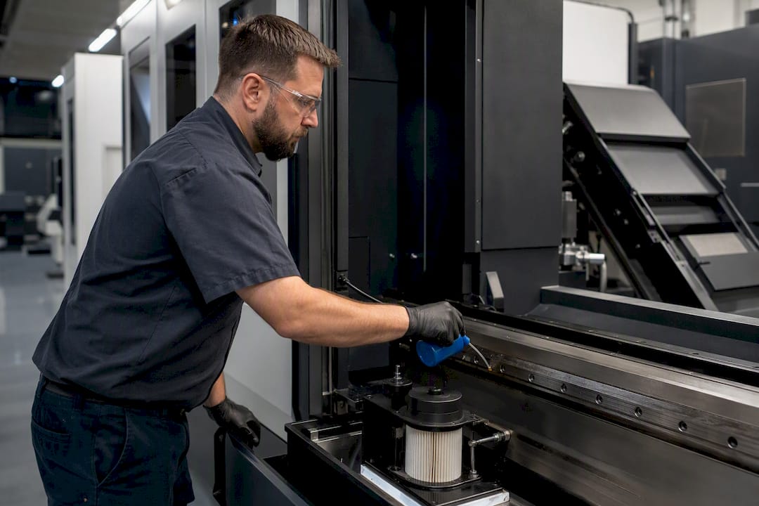 Technician performing scheduled CNC machine maintenance